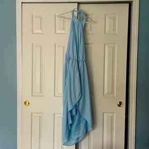 High necked light blue backless high low dress